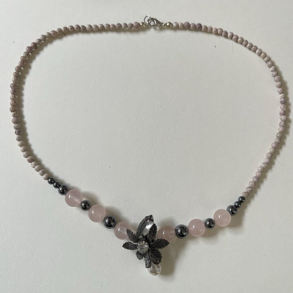 Rose Quartz Chunky Necklace Removable Flower Pendant Beaded Handmade Dainty Pink